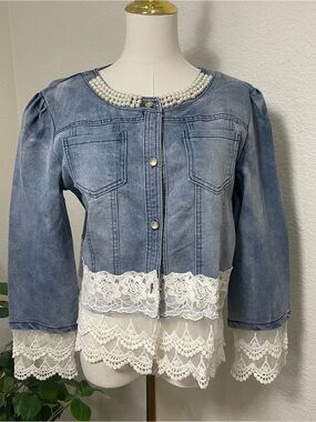 WTY Pearl Collar Chambray Denim Lace Jacket Top Women’s Small
